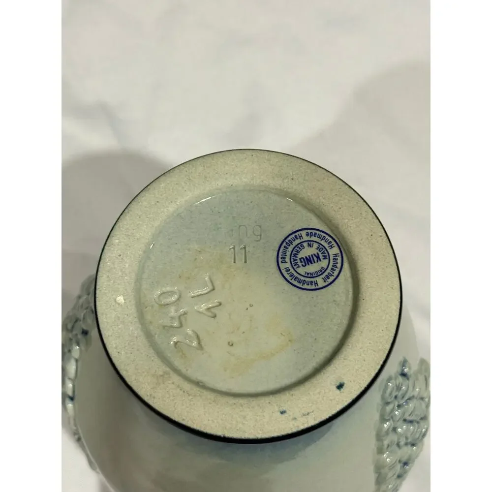 Vintage KING Handmade Germany Pottery Pitcher Relief Grapes Blue Base Stoneware